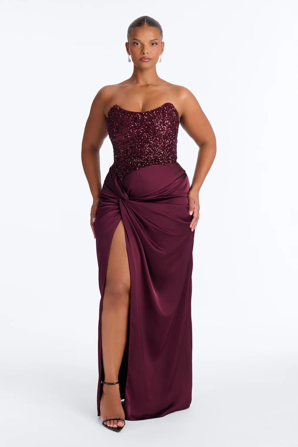 Luxury Burgundy Strapless Sequin Corset Knotted Satin High Slit Evening Dress Formal Gown