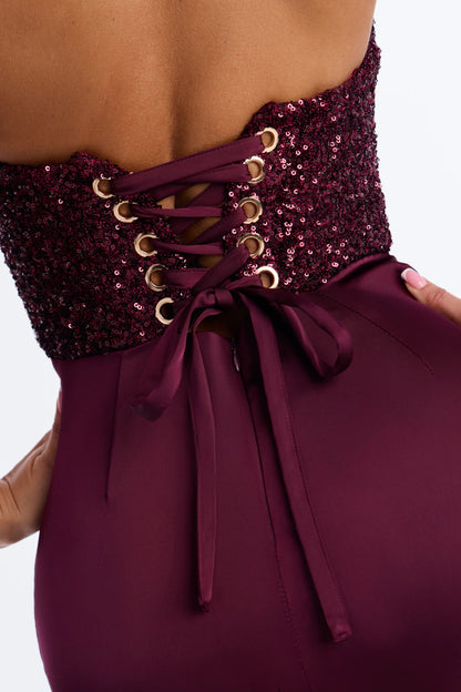 Luxury Burgundy Strapless Sequin Corset Knotted Satin High Slit Evening Dress Formal Gown