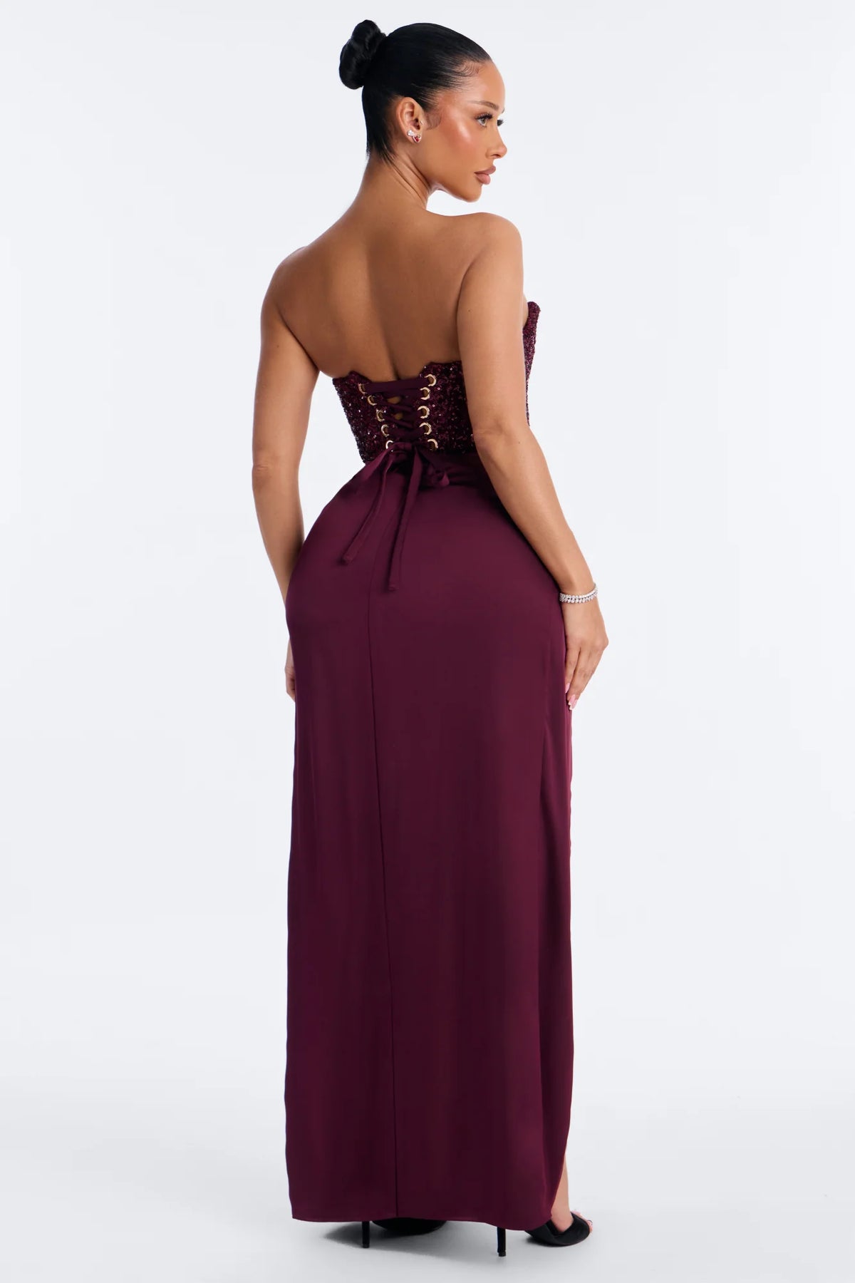 Luxury Burgundy Strapless Sequin Corset Knotted Satin High Slit Evening Dress Formal Gown