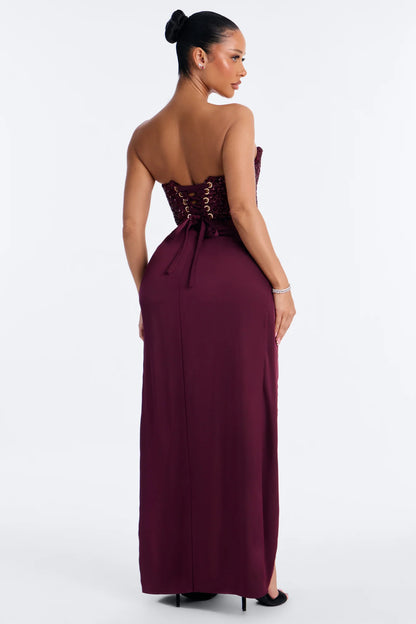 Luxury Burgundy Strapless Sequin Corset Knotted Satin High Slit Evening Dress Formal Gown