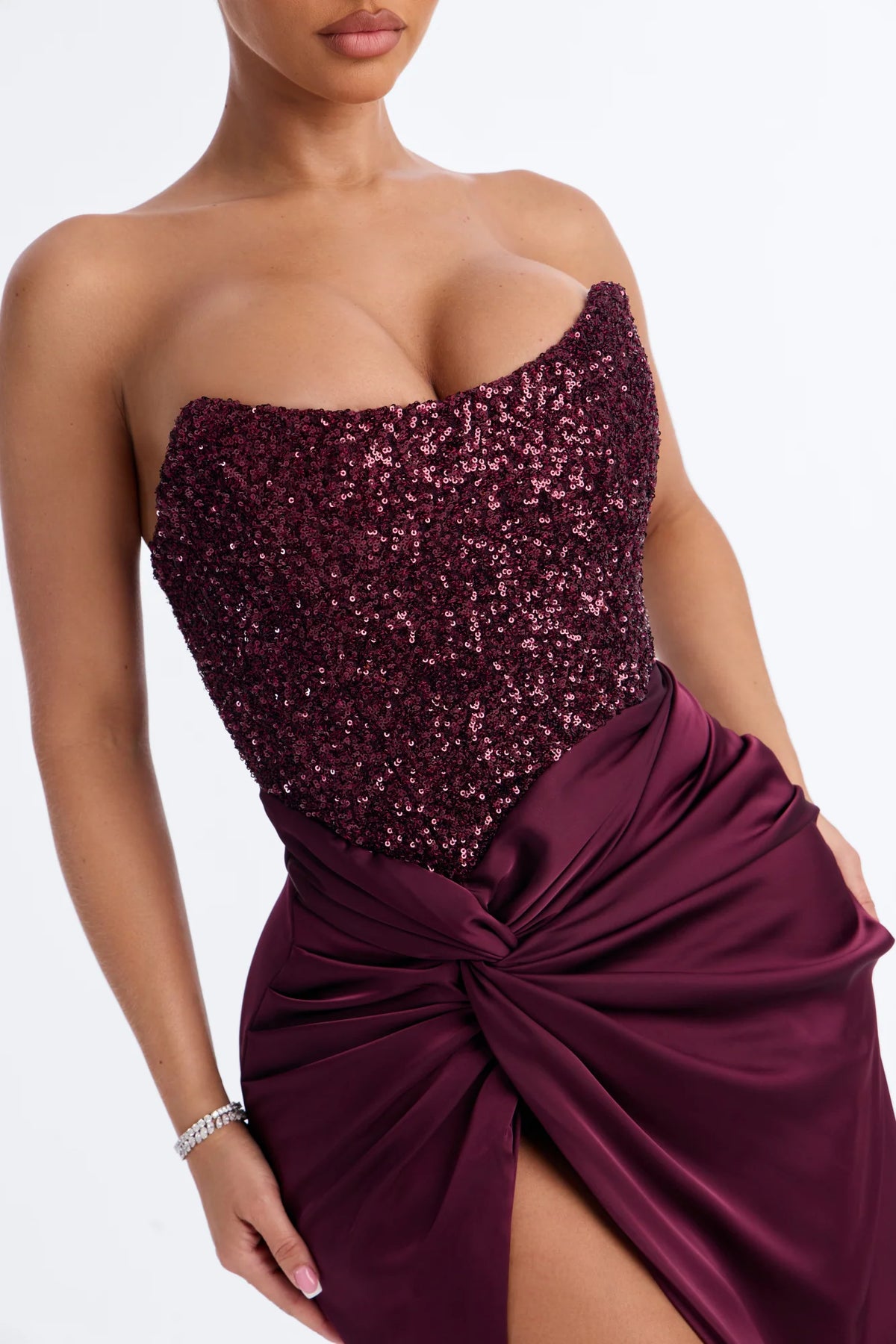 Luxury Burgundy Strapless Sequin Corset Knotted Satin High Slit Evening Dress Formal Gown