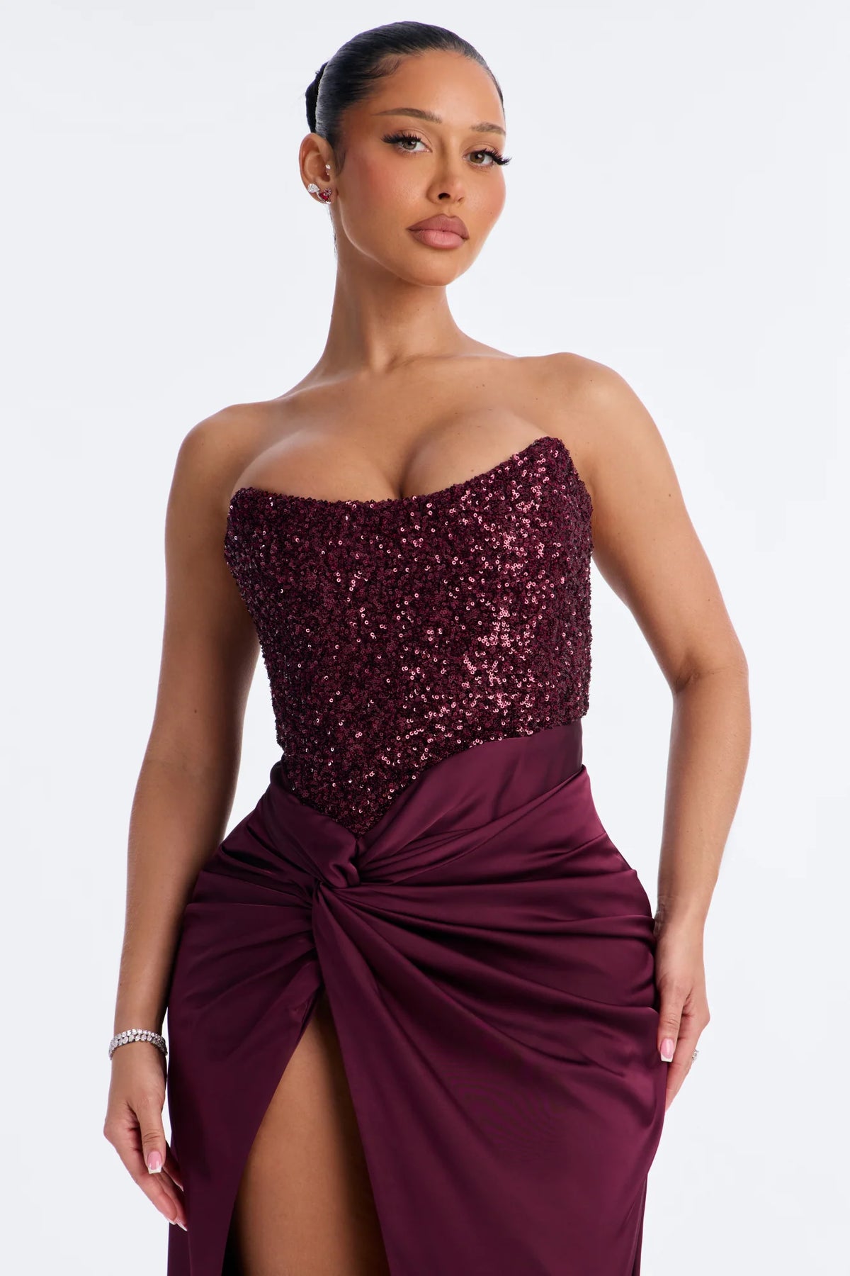 Luxury Burgundy Strapless Sequin Corset Knotted Satin High Slit Evening Dress Formal Gown