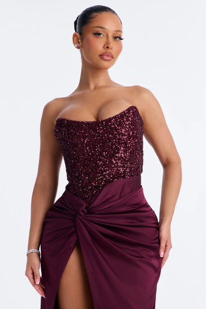 Luxury Burgundy Strapless Sequin Corset Knotted Satin High Slit Evening Dress Formal Gown