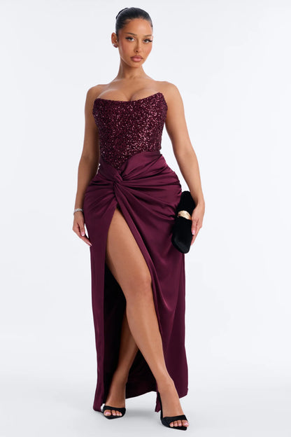 Luxury Burgundy Strapless Sequin Corset Knotted Satin High Slit Evening Dress Formal Gown