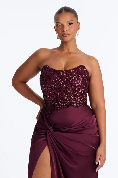 Luxury Burgundy Strapless Sequin Corset Knotted Satin High Slit Evening Dress Formal Gown