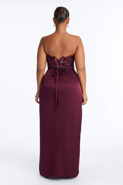 Luxury Burgundy Strapless Sequin Corset Knotted Satin High Slit Evening Dress Formal Gown