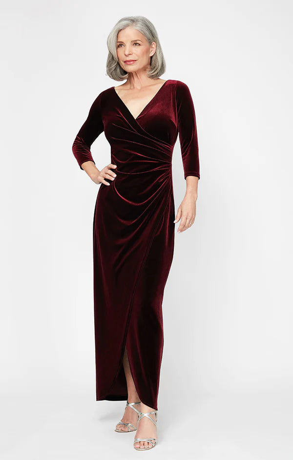 Luxury Wrap Bodycon V Neck Three Quarter Sleeve Simple Zip Back Slit Maxi Mother Of The Bride Dress