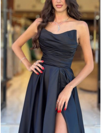 Luxury black satin Aline strapless sleeveless plain back high slit floor length formal prom evening gown