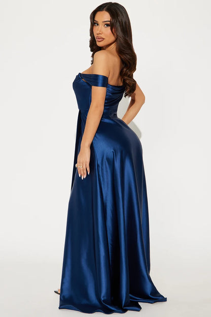 Luxury navy a line off shoulder cowl open back slit long evening dress