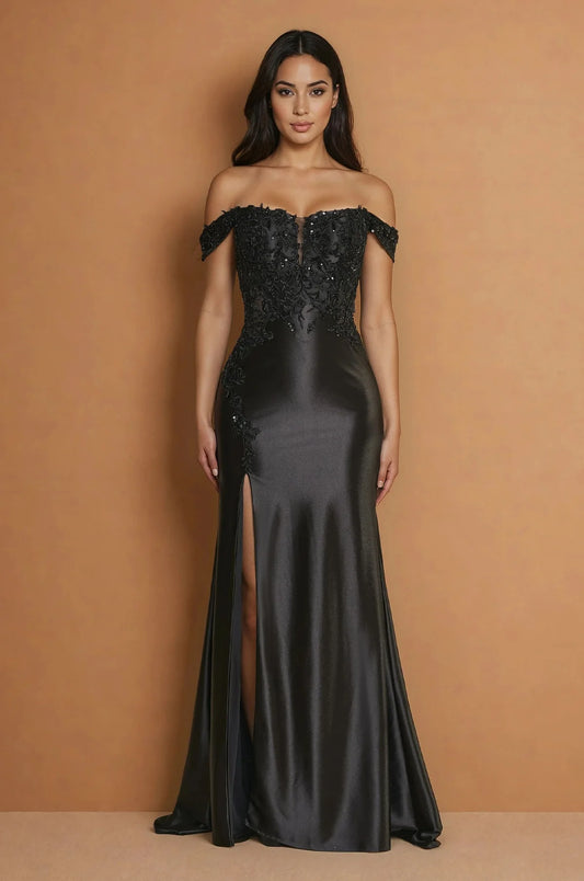 Luxury satin sheath off shoulder short sleeve lace up back floor length evening dress with beaded applique and high slit