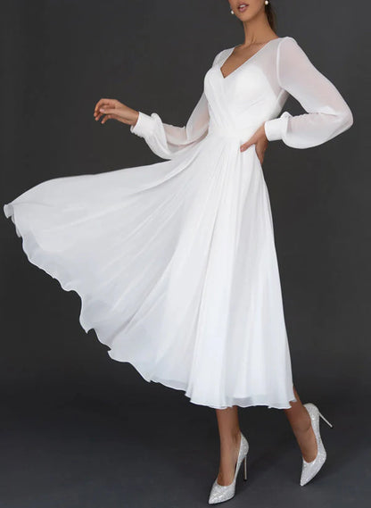 A-line/Princess V-neck Tea Long Wedding Dress