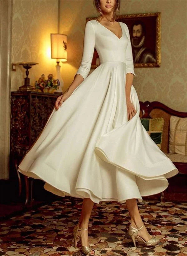 A-line/Princess V-neck Tea Long Wedding Dress