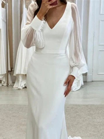 Loudspeaker/fishtail V-neck and ground long sleeved wedding dress