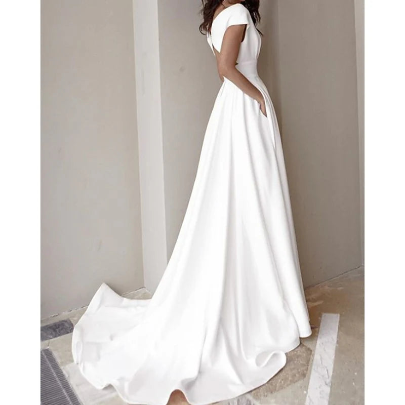 A-line/Princess V-neck cover sleeve front slit sweeping/brush trailing wedding dress