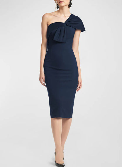 Tight fit/straight leg one shoulder sleeveless knee length bow, mother of the bride dress