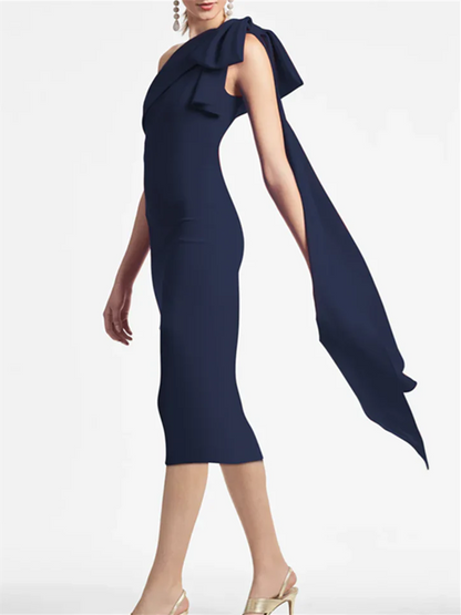 Slim fit/column style one shoulder tea length mother of the bride dress
