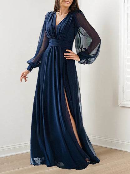 A-line/Princess V-neck long sleeved and floor length mother of the bride dress