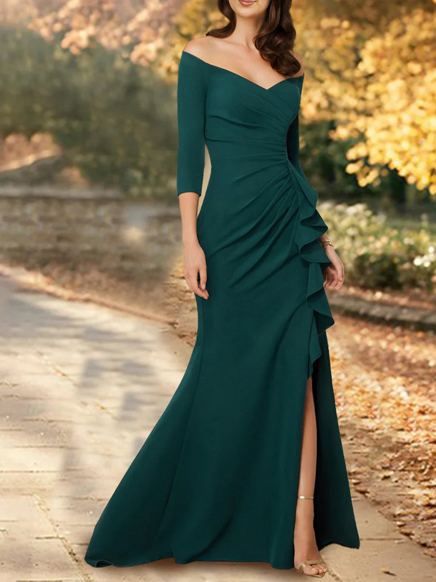 Fishtail/Horn Flare Train 3/4 Sleeves Mother of the bride dress