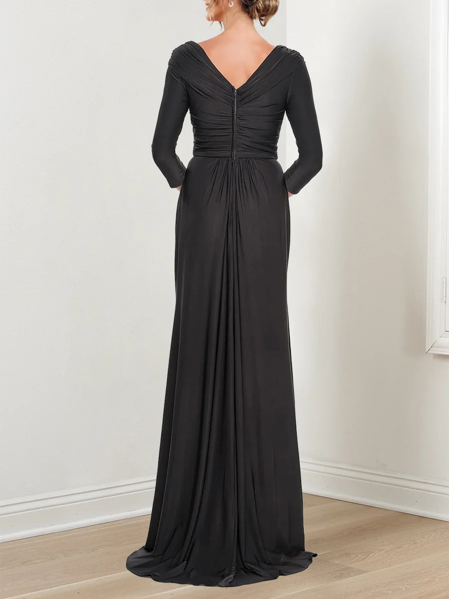 A-line/Princess V-neck 3/4 sleeve ruffled edge mother of the bride dress