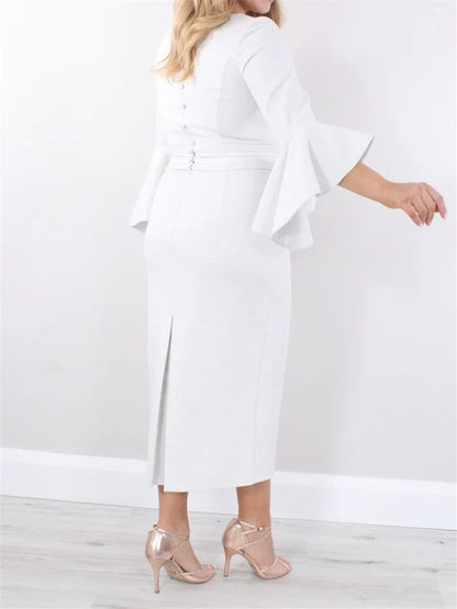 Tight fit/cylindrical square neck tea length 3/4 long sleeved ruffled edge mother of the bride dress