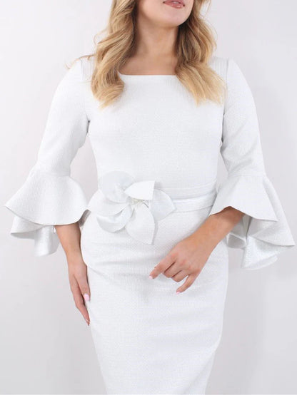 Tight fit/cylindrical square neck tea length 3/4 long sleeved ruffled edge mother of the bride dress