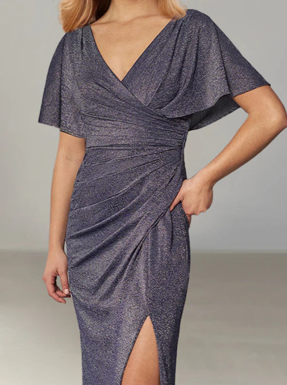 Tight fit/column hanging sleeve with deep V-neck and ground length slit mother of the bride dress