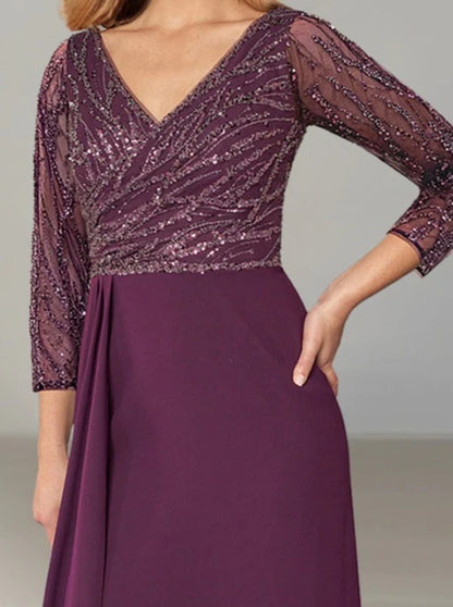 A-line/Princess V-neck long sleeved asymmetrical sequins mother of the bride dress