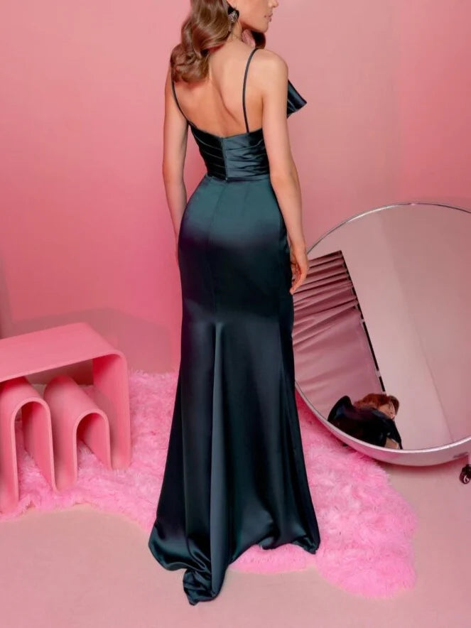 Tight fit/straight tube thin shoulder strap with ruffled edge, sleeveless and ground evening dress