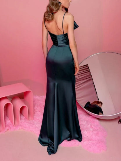 Tight fit/straight tube thin shoulder strap with ruffled edge, sleeveless and ground evening dress