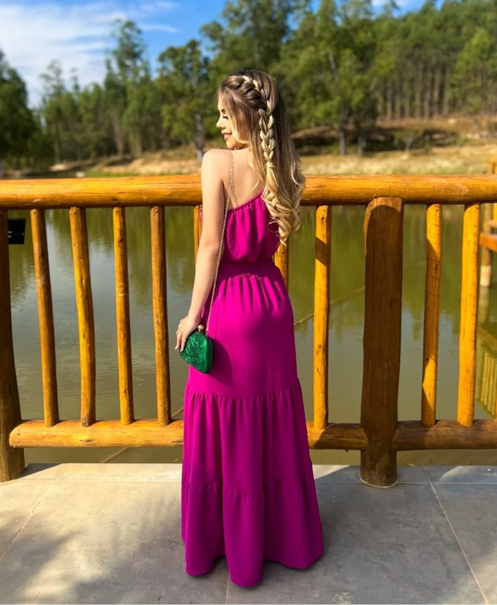 Vibrant Magenta Chiffon One-Shoulder Bow-Tie Tiered Maxi Prom Dress