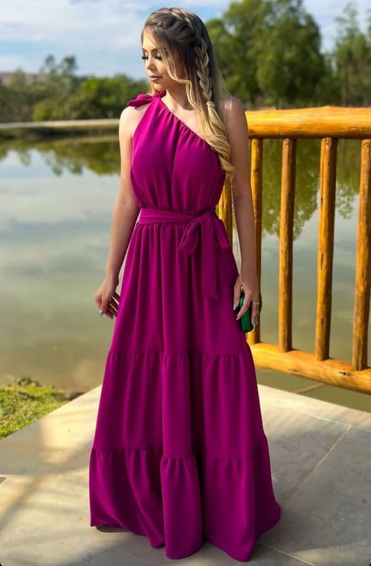 Magenta Chiffon One-Shoulder Bow-Tie Waist Tiered Maxi Prom Dresses