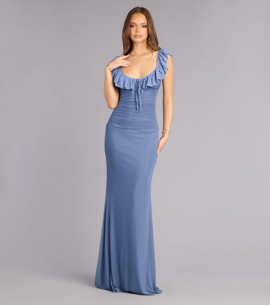 Mesh Mermaid Square Neck Ruffle Sleeve Ruched Open Back Floor Length Evening Dress