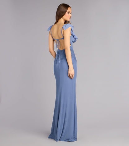 Elegant Mesh Mermaid Square Neck Ruffle Sleeve Ruched Open Back Floor Length Evening Dress