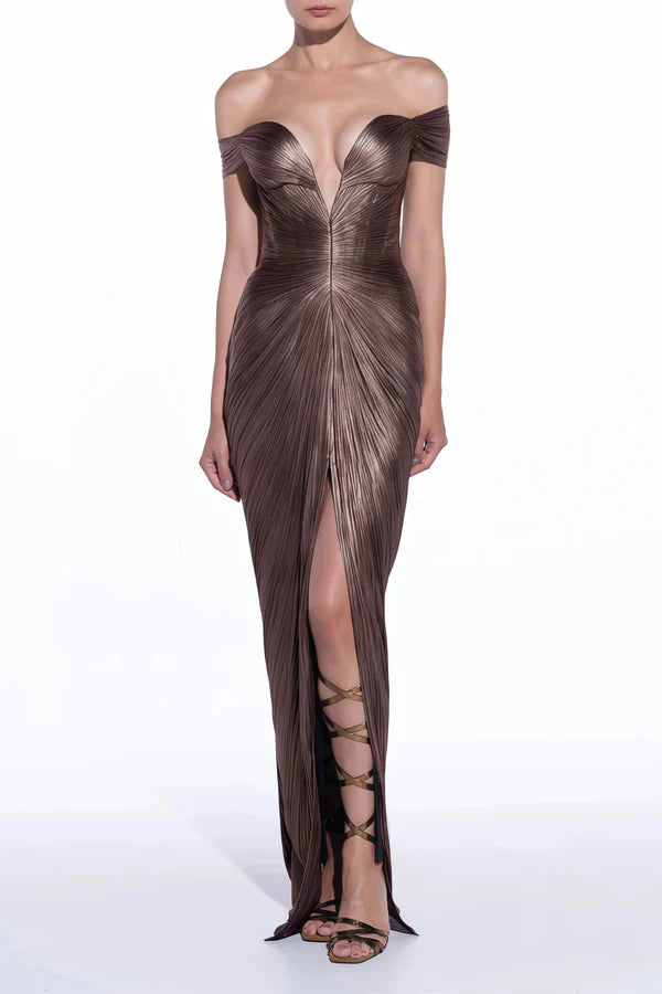 Metallic Pleated Off The Shoulder Mermaid Floor Length Evening Dress with Back Bow and Slit