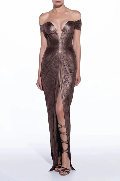 Metallic Pleated Off The Shoulder Mermaid Floor Length Evening Dress with Back Bow and Slit