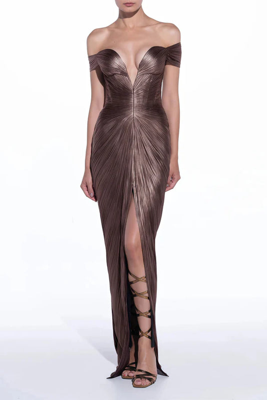 Metallic Pleated Off The Shoulder Mermaid Floor Length Evening Dress with Back Bow and Slit