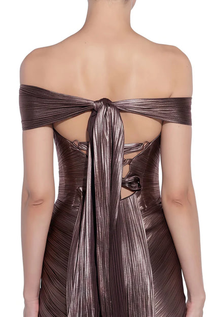 Metallic Pleated Off The Shoulder Mermaid Floor Length Evening Dress with Back Bow and Slit