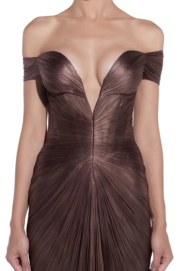 Metallic Pleated Off The Shoulder Mermaid Floor Length Evening Dress with Back Bow and Slit