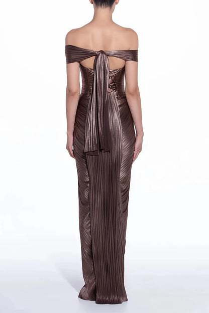 Metallic Pleated Off The Shoulder Mermaid Floor Length Evening Dress with Back Bow and Slit