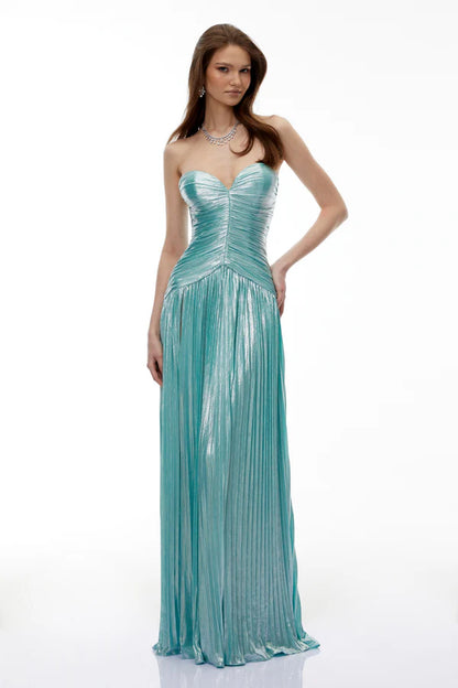 Metallic Pleated Strapless Sweetheart Floor Length Evening Dress with Front Slit