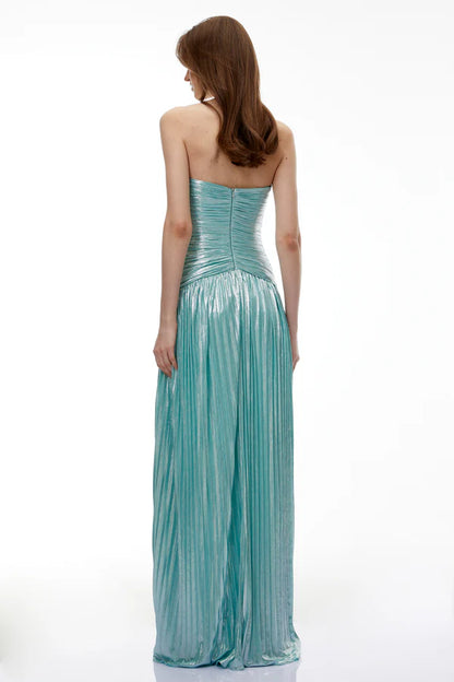 Metallic Pleated Strapless Sweetheart Floor Length Evening Dress with Front Slit