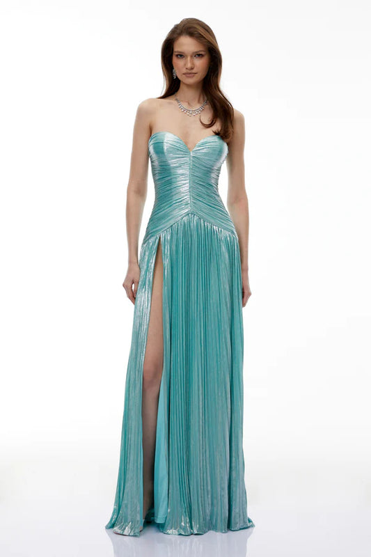 Metallic Pleated Strapless Sweetheart Floor Length Evening Dress with Front Slit
