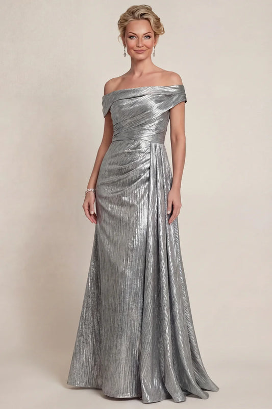 Metallic crepe mermaid off-the-shoulder draped floor-length mother of the bride dresses