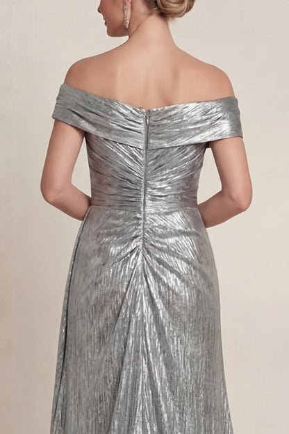 Metallic crepe mermaid off-the-shoulder draped floor-length mother of the bride dresses