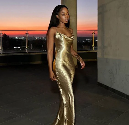 Metallic cowl neck slip sleeveless open-back floor-length prom dresses