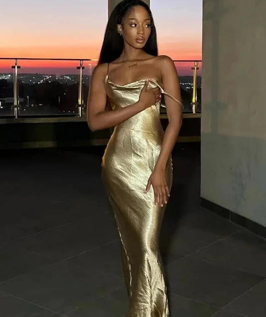 Metallic cowl neck slip sleeveless open-back floor-length prom dresses