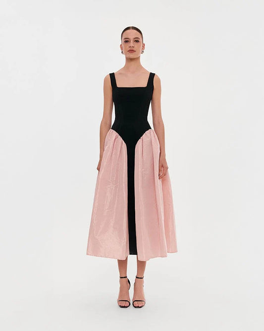 Midi Dress with Square Neckline, Fitted Corset Bodice and Overskirt with Front Slit