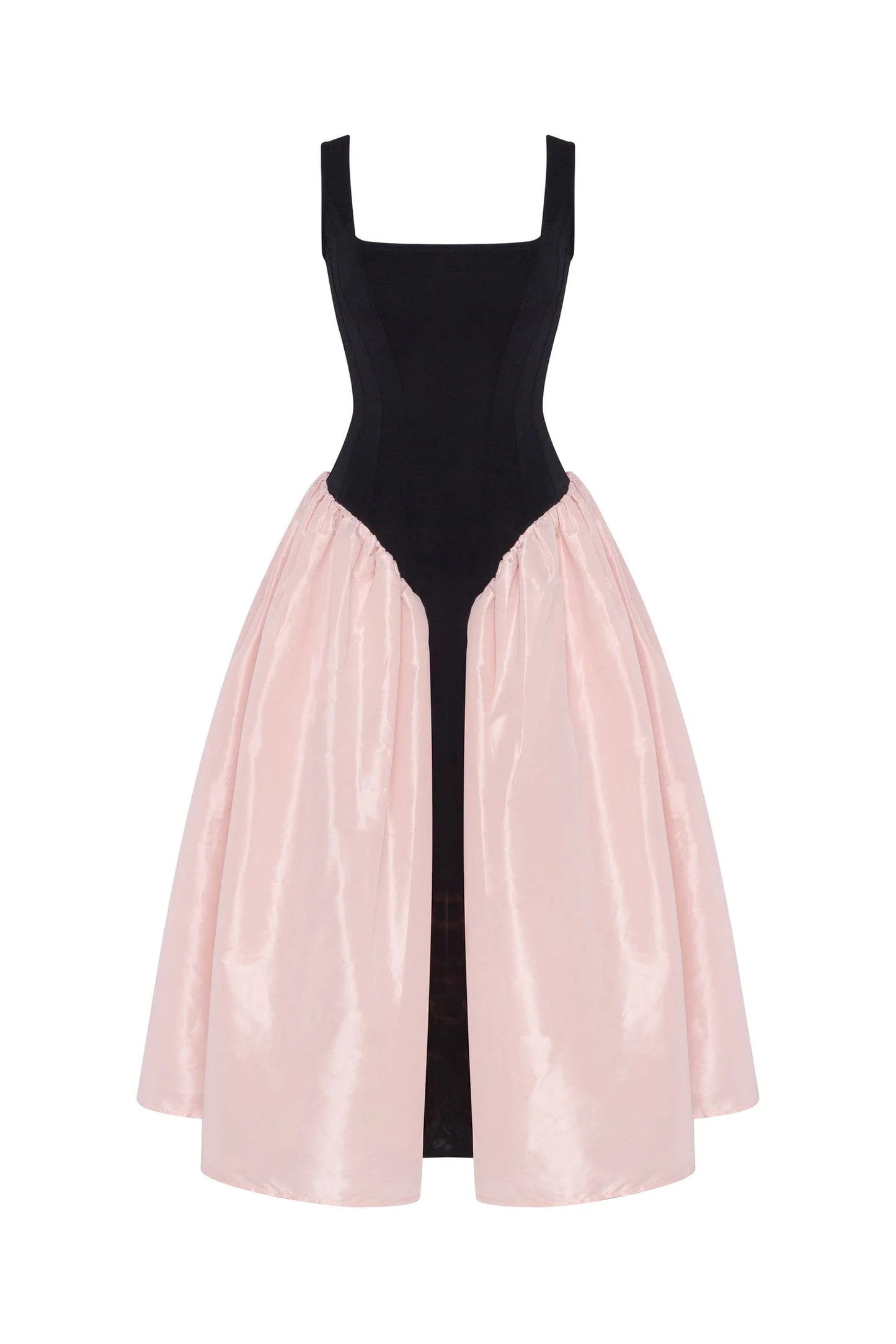 Midi Dress with Square Neckline, Fitted Corset Bodice and Overskirt with Front Slit
