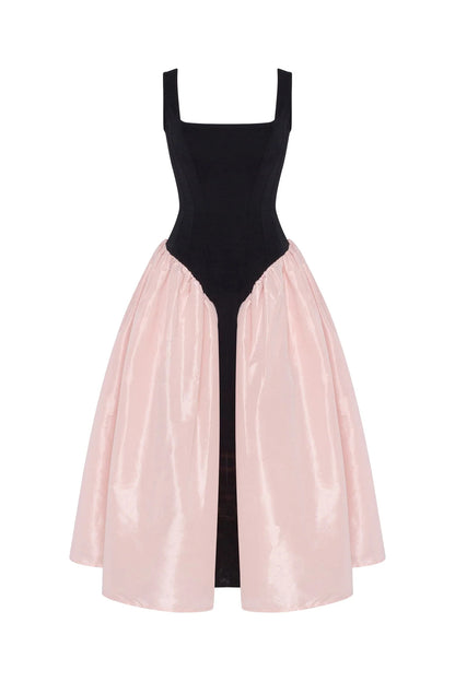Midi Dress with Square Neckline, Fitted Corset Bodice and Overskirt with Front Slit