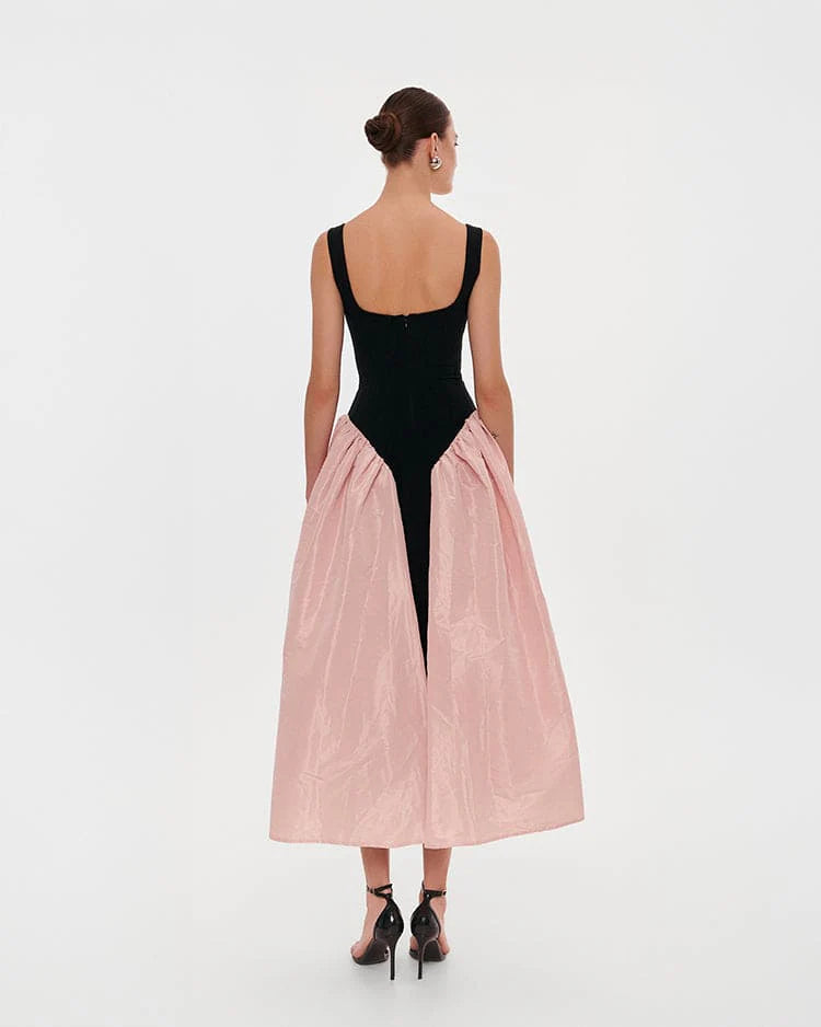 Midi Dress with Square Neckline, Fitted Corset Bodice and Overskirt with Front Slit